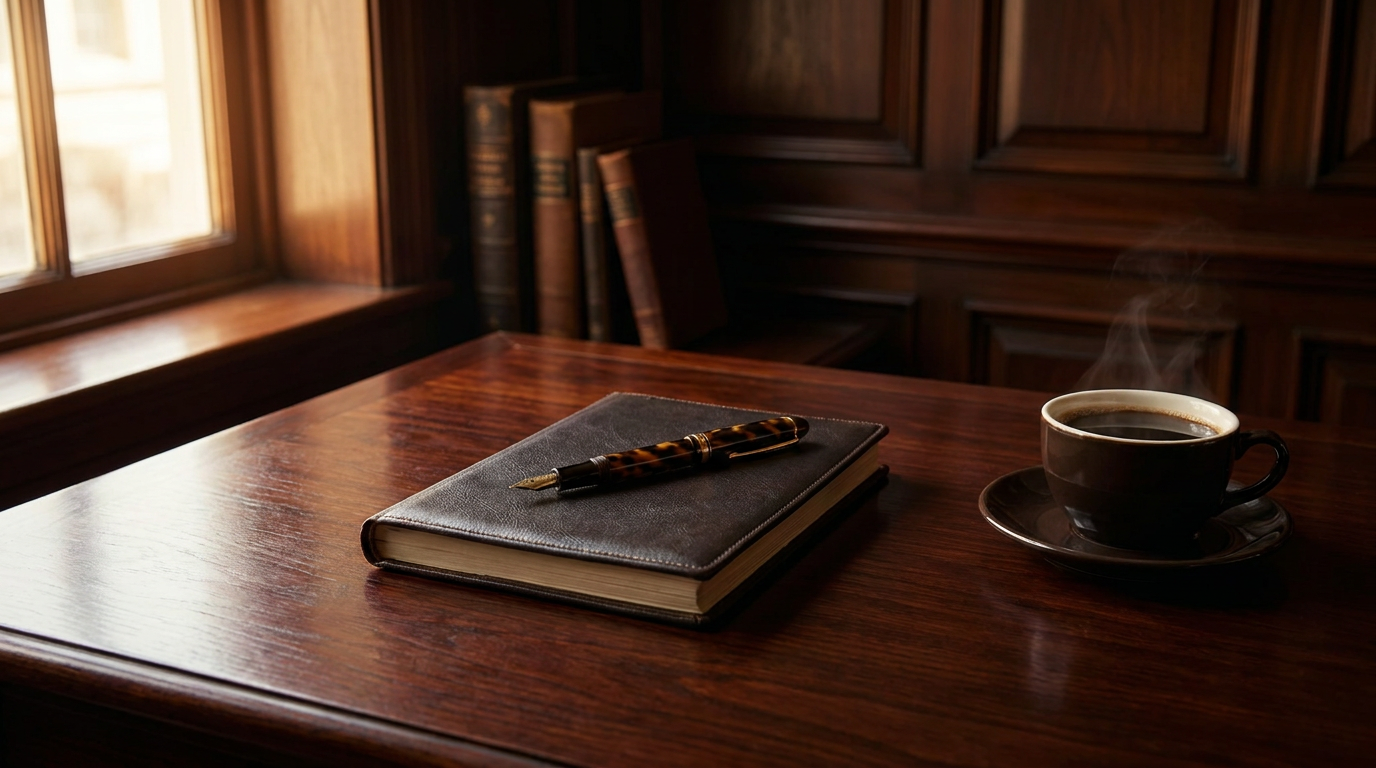 A dark mahogany desk in a warm, panelled study: a closed leather-bound appointment diary with a fountain pen resting on its cover, a cup of coffee beside it, soft natural light from a window to the side.